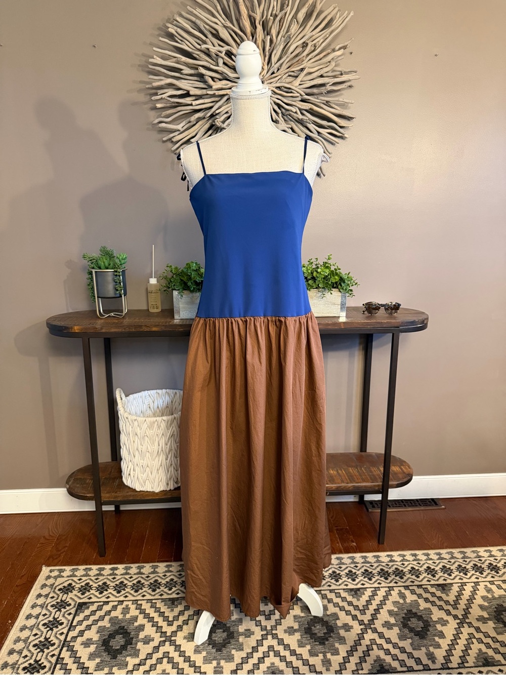 Anthropologie dress spaghetti strap in blue and brown